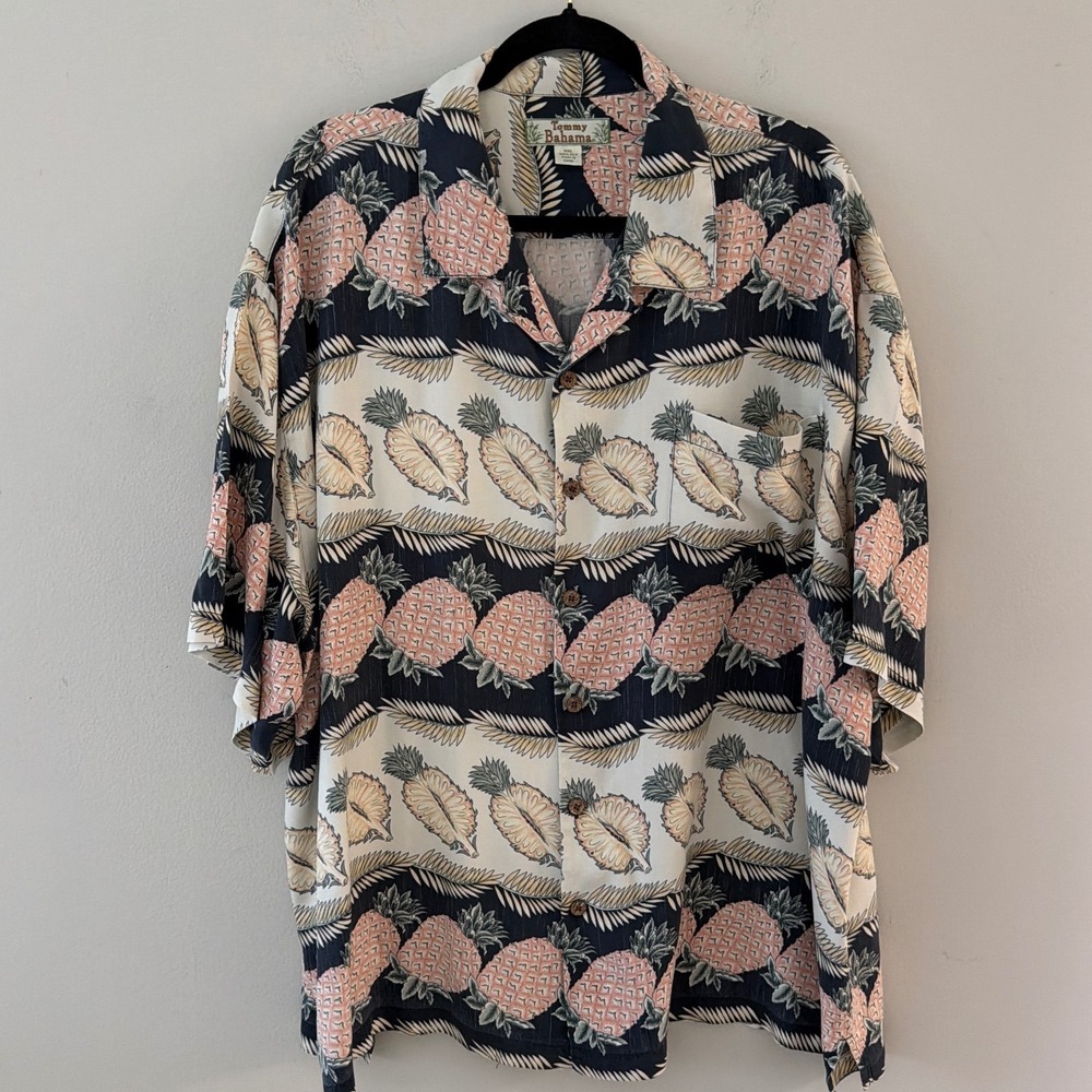 Tommy Bahama Mens XXL Silk Pineapple Print‎ Short Sleeve Camp Shirt Black Pink